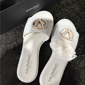 Valentino White and Gold Slide Sandals